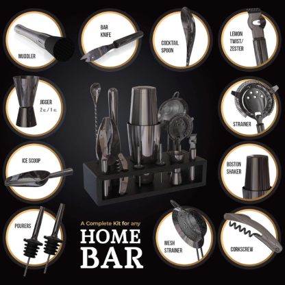 13 Piece Mixology Bartender Kit With Wooden Stand-Wine and Whiskey Decanter