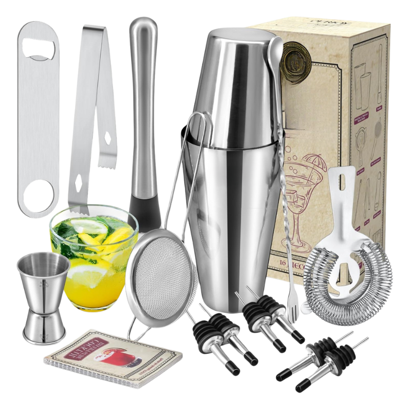 16Piece Stainless Bartender Tool Set With Recipe Guide-Wine and Whiskey Decanter