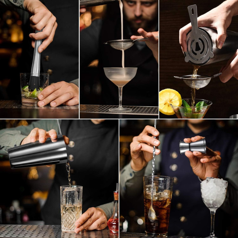 16Piece Stainless Bartender Tool Set With Recipe Guide-Wine and Whiskey Decanter