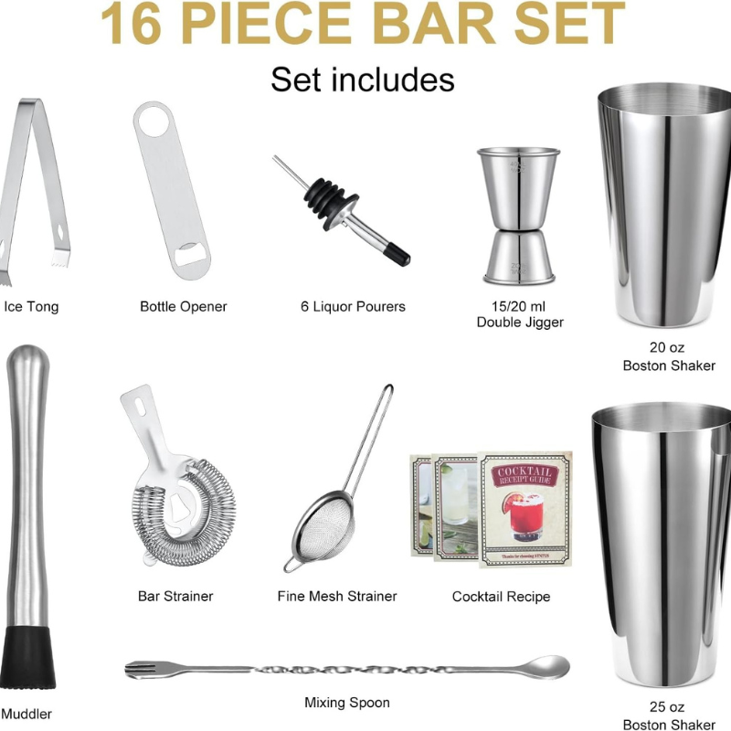 16Piece Stainless Bartender Tool Set With Recipe Guide-Wine and Whiskey Decanter