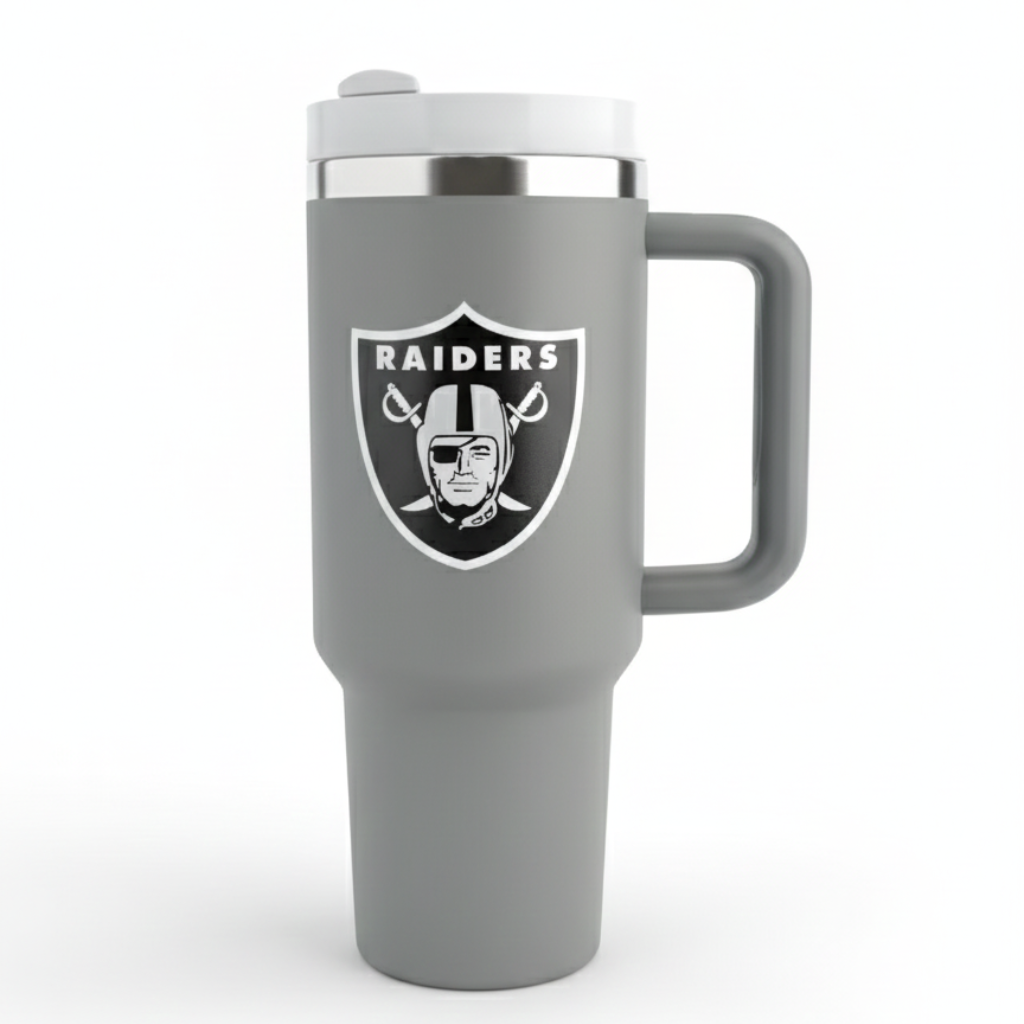 Raiders Themed Travel Tumbler With Lid