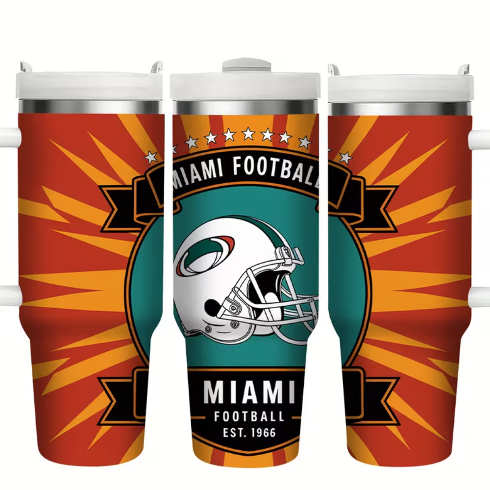 1pc Miami Football 40oz Stainless Steel Tumbler with Straw