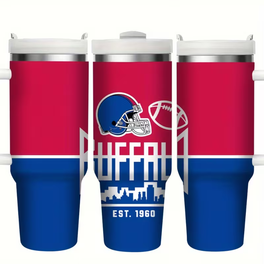 Buffalo Sports 40oz Stainless Steel Tumbler with Spill-Proof Lid & Reusable Straw