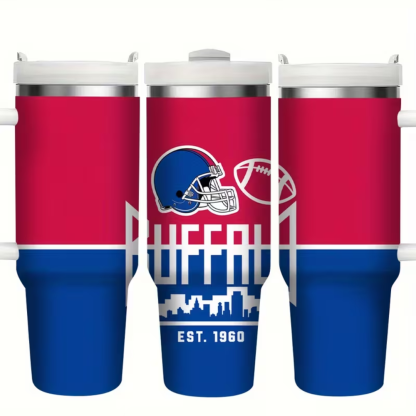 Buffalo Sports 40oz Stainless Steel Tumbler with Spill-Proof Lid & Reusable Straw