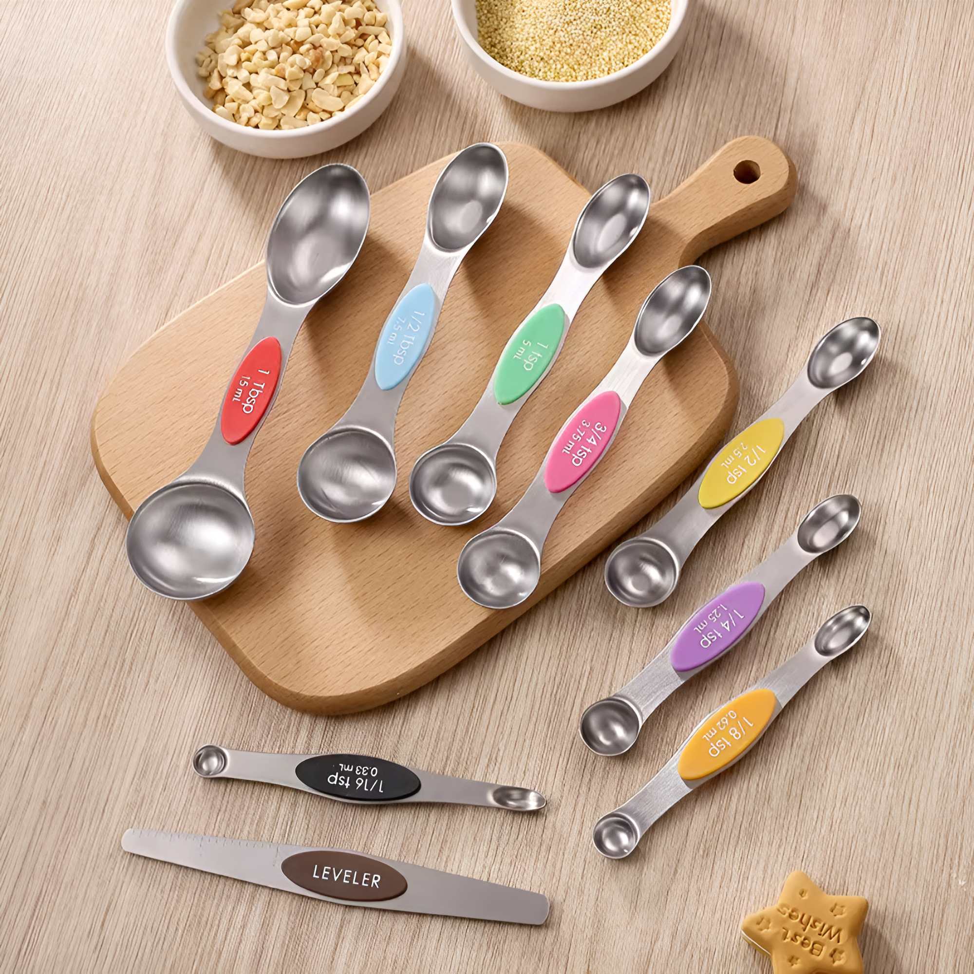 9pcs Magnetic Measuring Spoons Set | Dual Side Teaspoon, Heavy Duty Stainless Steel with Leveler