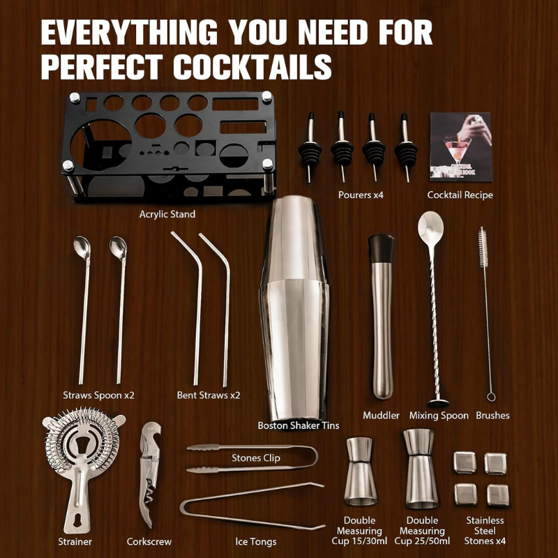 23 Pieces Cocktail Shaker Complete Mixology Kit With Stand-Wine and Whiskey Decanter