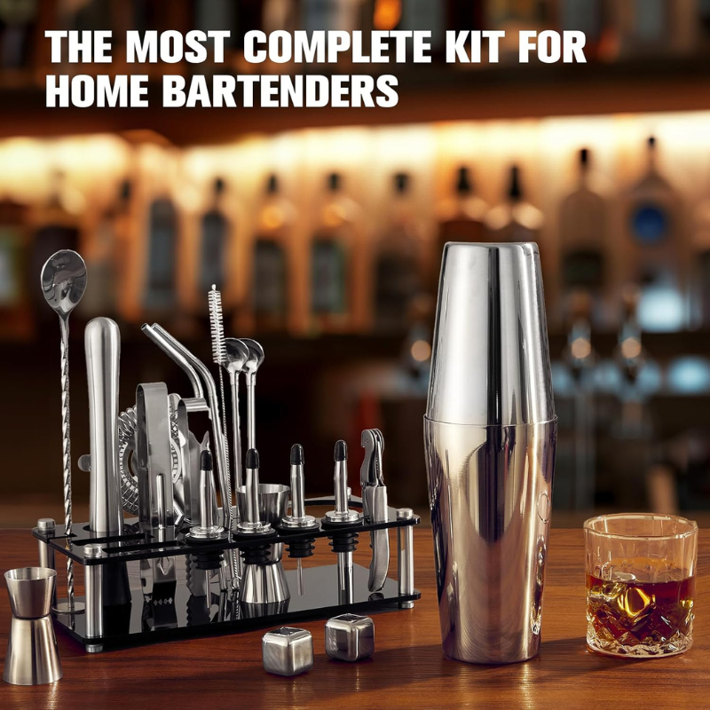 23 Pieces Cocktail Shaker Complete Mixology Kit With Stand-Wine and Whiskey Decanter