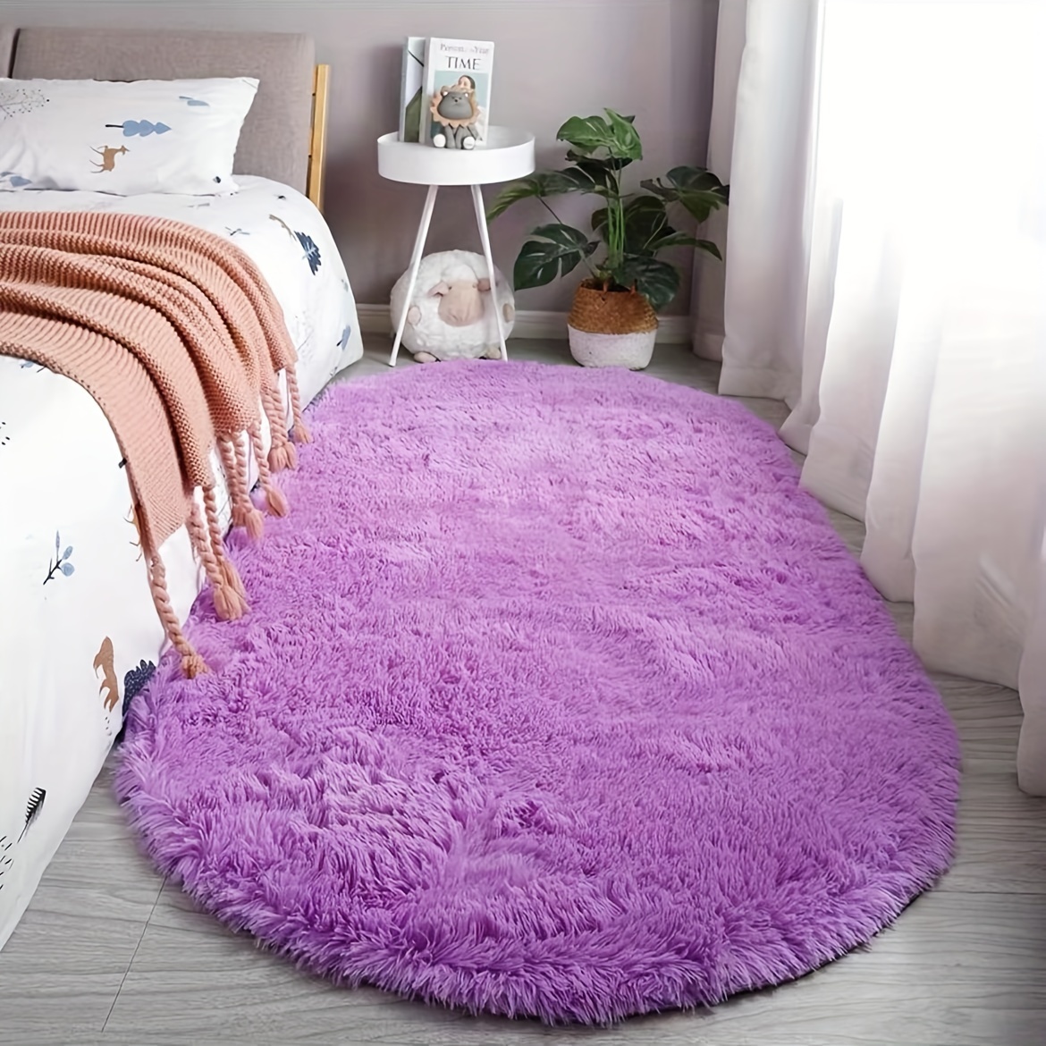 Soft Fluffy Oval Bedroom Rug With Rubber Backing
