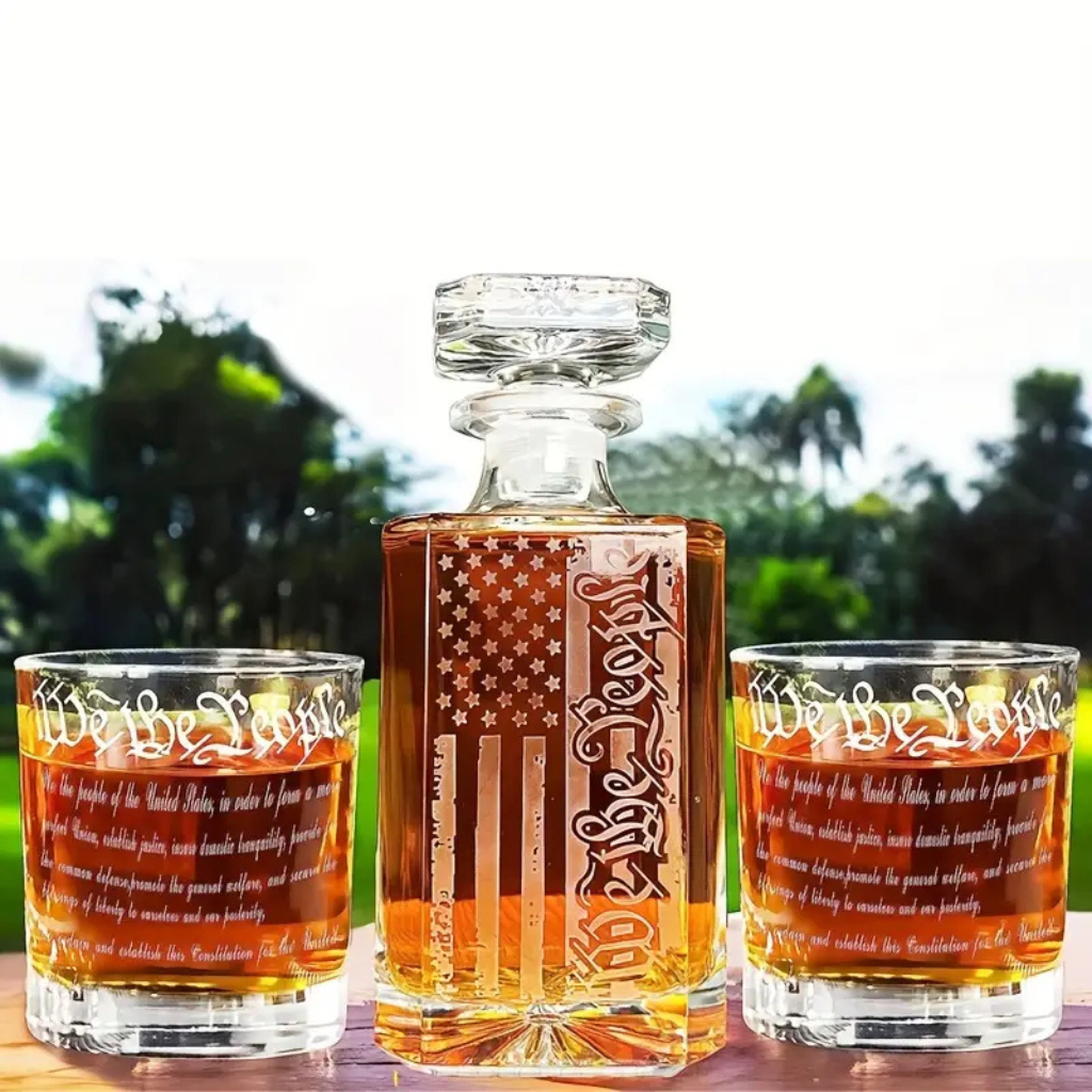 Engraved Glass Whiskey Decanter Set With 1 Decanter And 2 Glasses