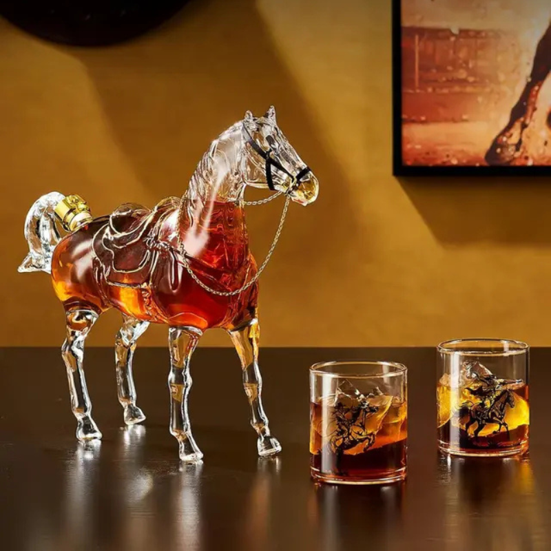 Horse Shaped Decanter With Cowboy Glasses Set