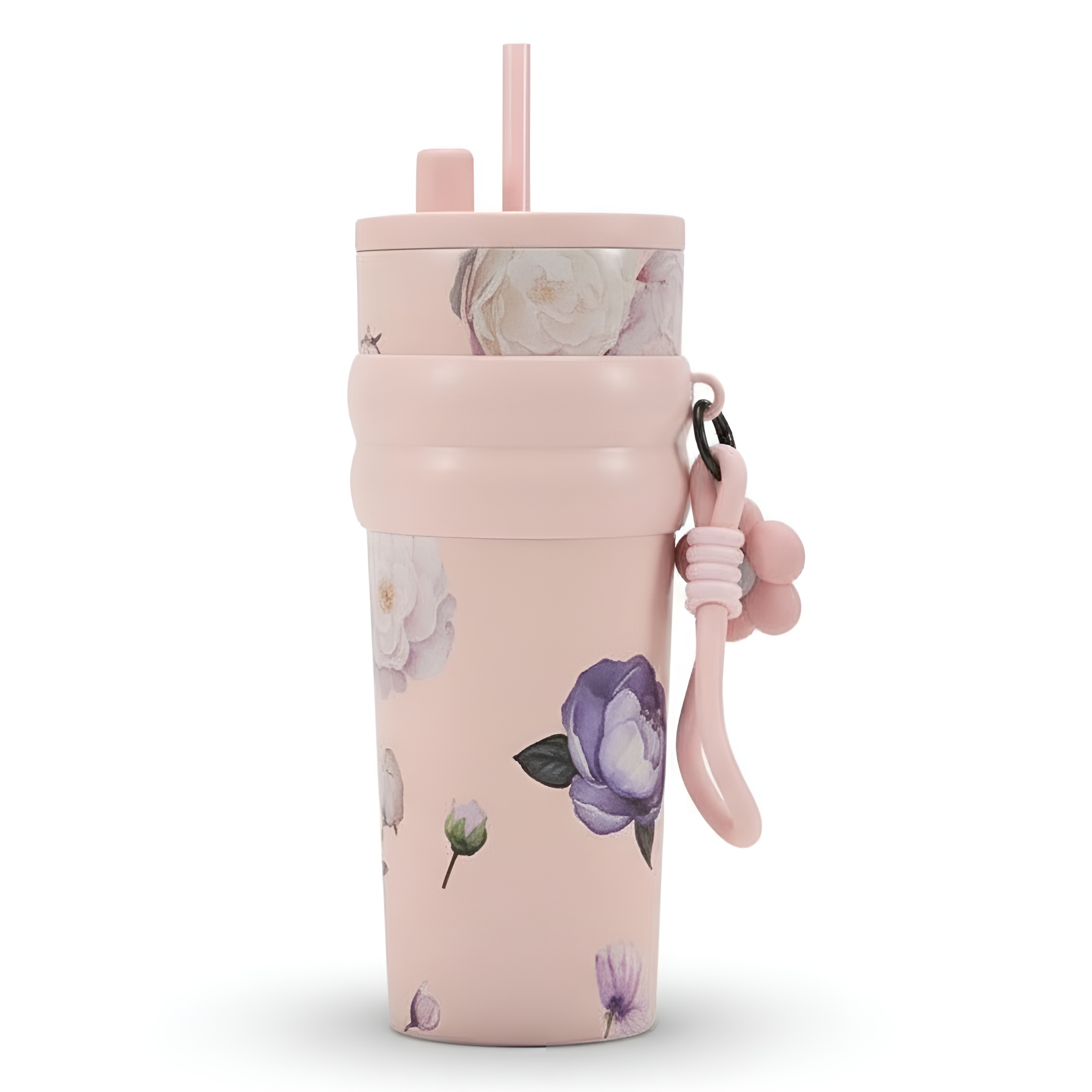 Stainless Steel Floral Pattern Tumbler With Straw And Carry Strap