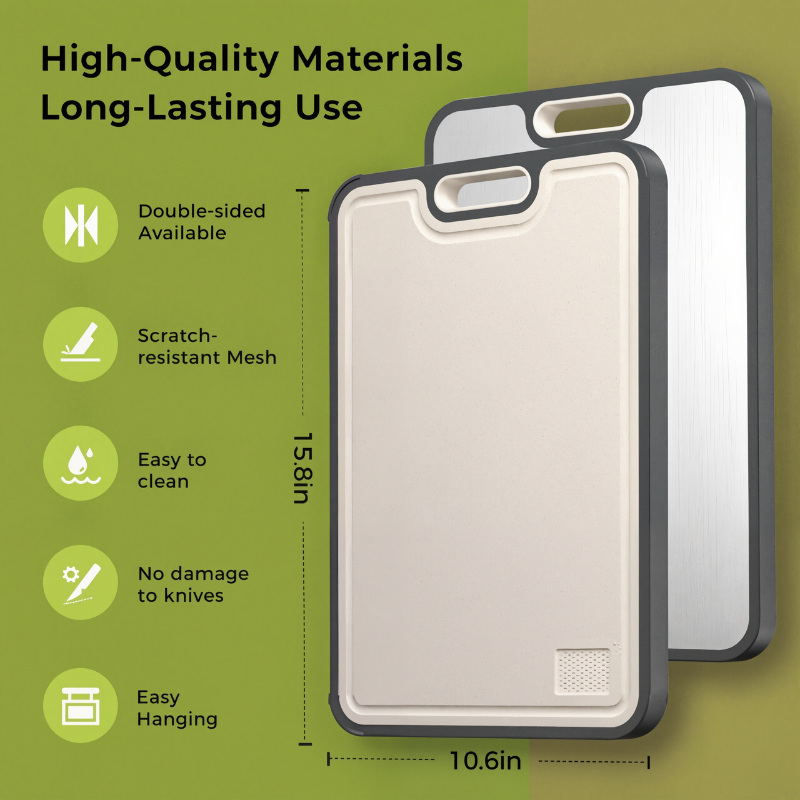 Titanium Double-Sided Cutting Board 16”×11” – Food Grade Pure Titanium & Wheat Straw Kitchen Board