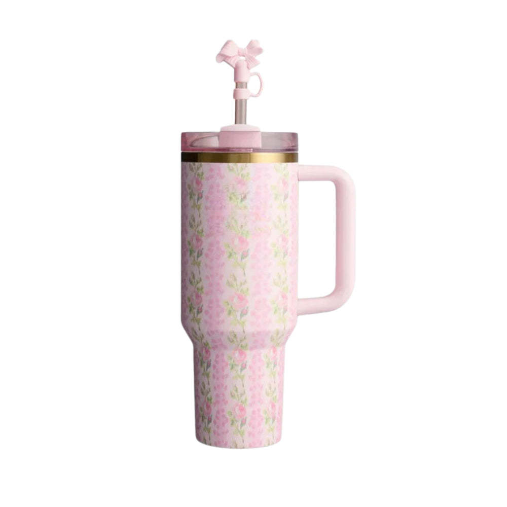 Floral Print Insulated Tumbler With Handle And Straw Lid-Wine and Whiskey Decanter