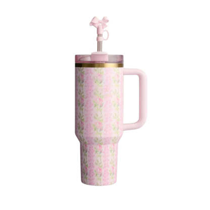 Floral Print Insulated Tumbler With Handle And Straw Lid-Wine and Whiskey Decanter