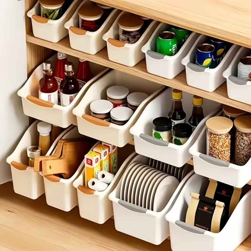 Curved Plastic Storage Boxes 2 Pack - Kitchen Organizer Containers, Stackable Cabinet & Pantry Bins