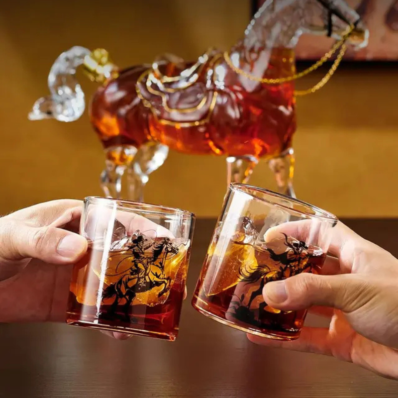 Horse Shaped Decanter With Cowboy Glasses Set