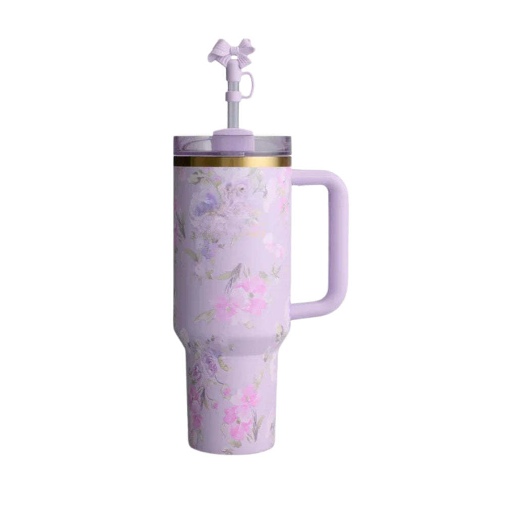 Floral Print Insulated Tumbler With Handle And Straw Lid-Wine and Whiskey Decanter