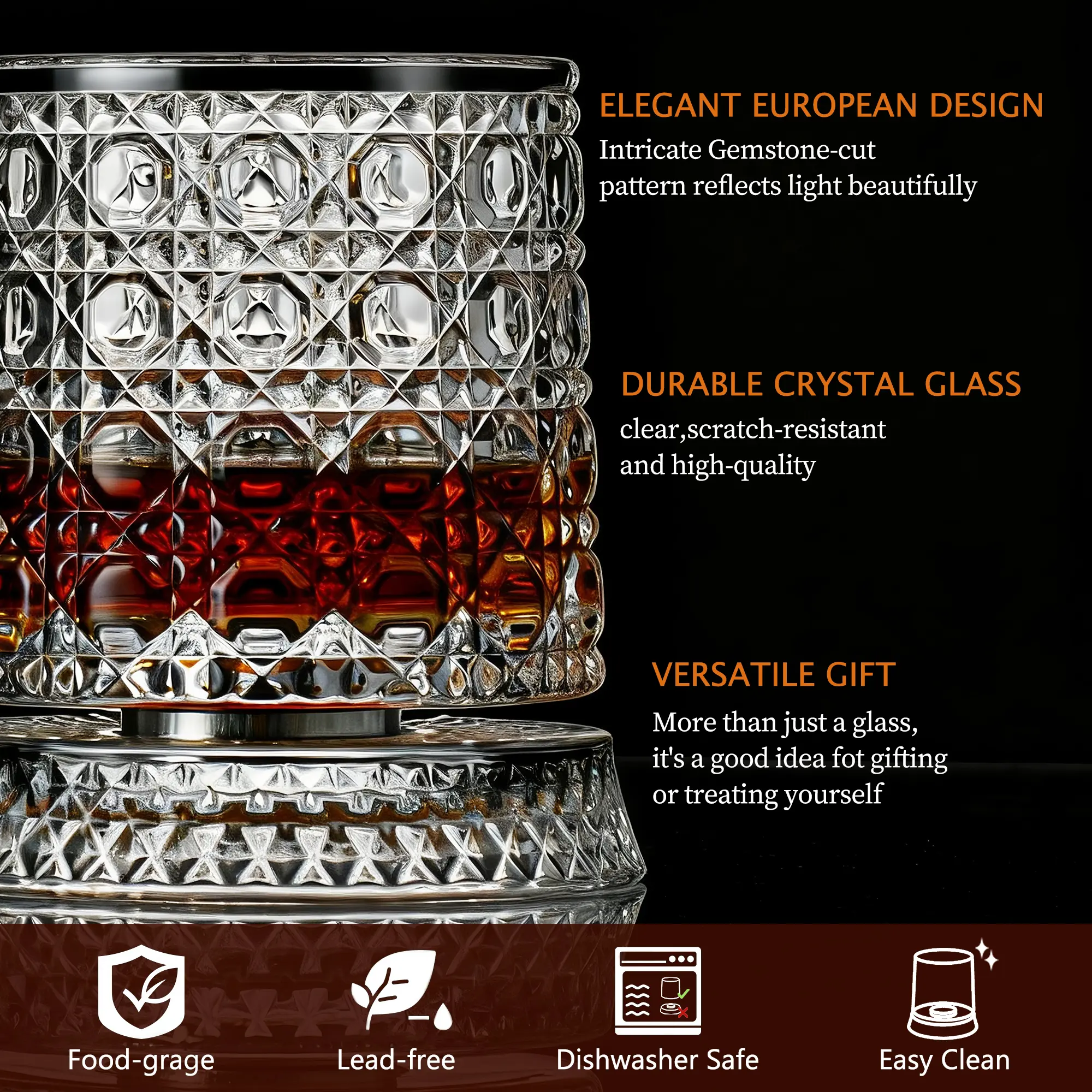Luxury Spinning Crystal Whiskey Glass Drinkware Father&rsquo;s Day Gift Set &ndash; 2 Rotating Glasses & 2 Ice Ball Molds with Elegant Gift Box, Diamond,  Ice Crackle & Snowflake Cut Barware Gift Set, Perfect for Halloween  Parties, Thanksgiving & Christmas Gifts