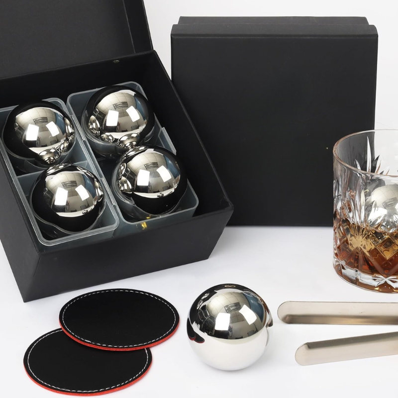 4-Piece Ball Shape Whiskey Stones Set With Coasters And Tongs