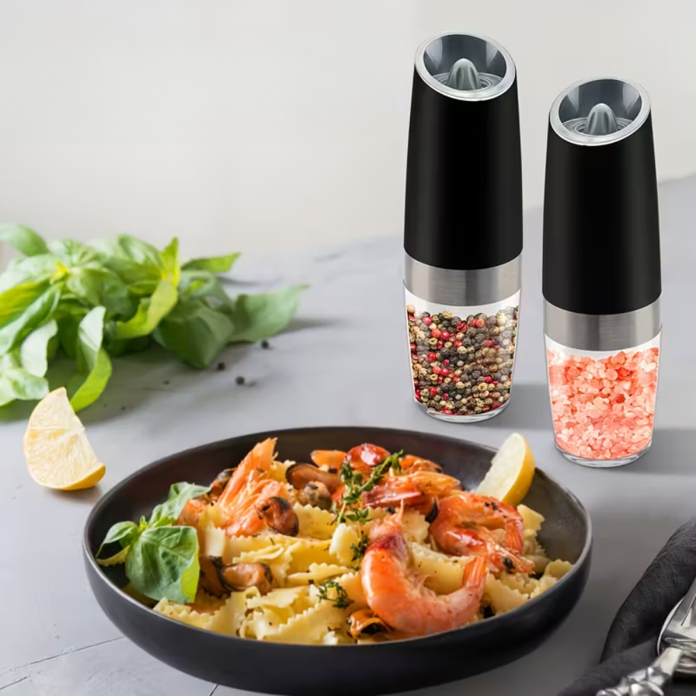 Gravity Electric Salt and Pepper Grinder Set - 2 Piece Automatic Spice Mill with Adjustable Coarseness