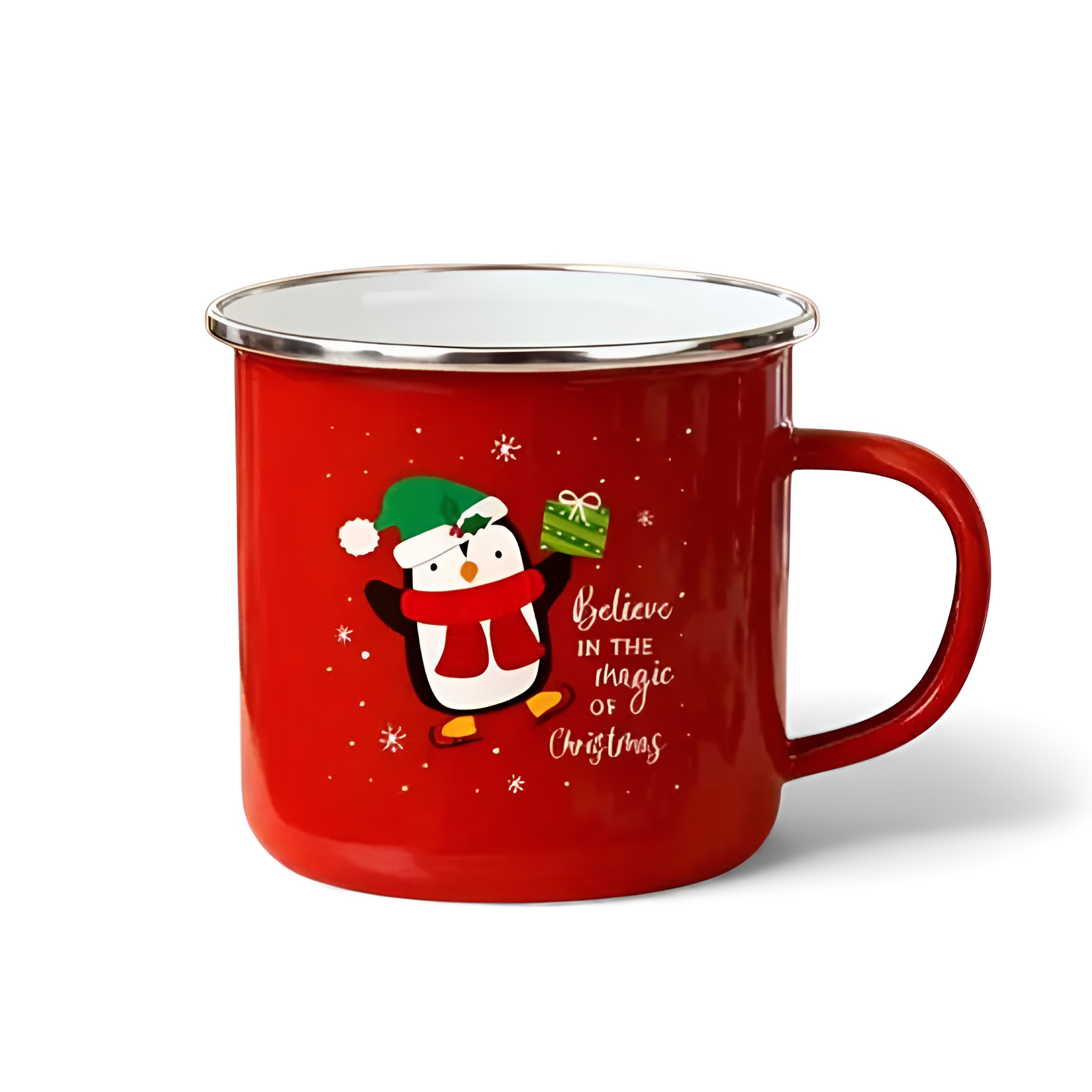 Pack Of 6 Merry Christmas Enamel Mug Collection With Reindeer And Snowman Graphics