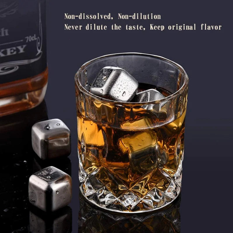 Glass of whiskey with reusable stainless steel whiskey stones, showing condensation and text emphasizing no dilution and flavor preservation.