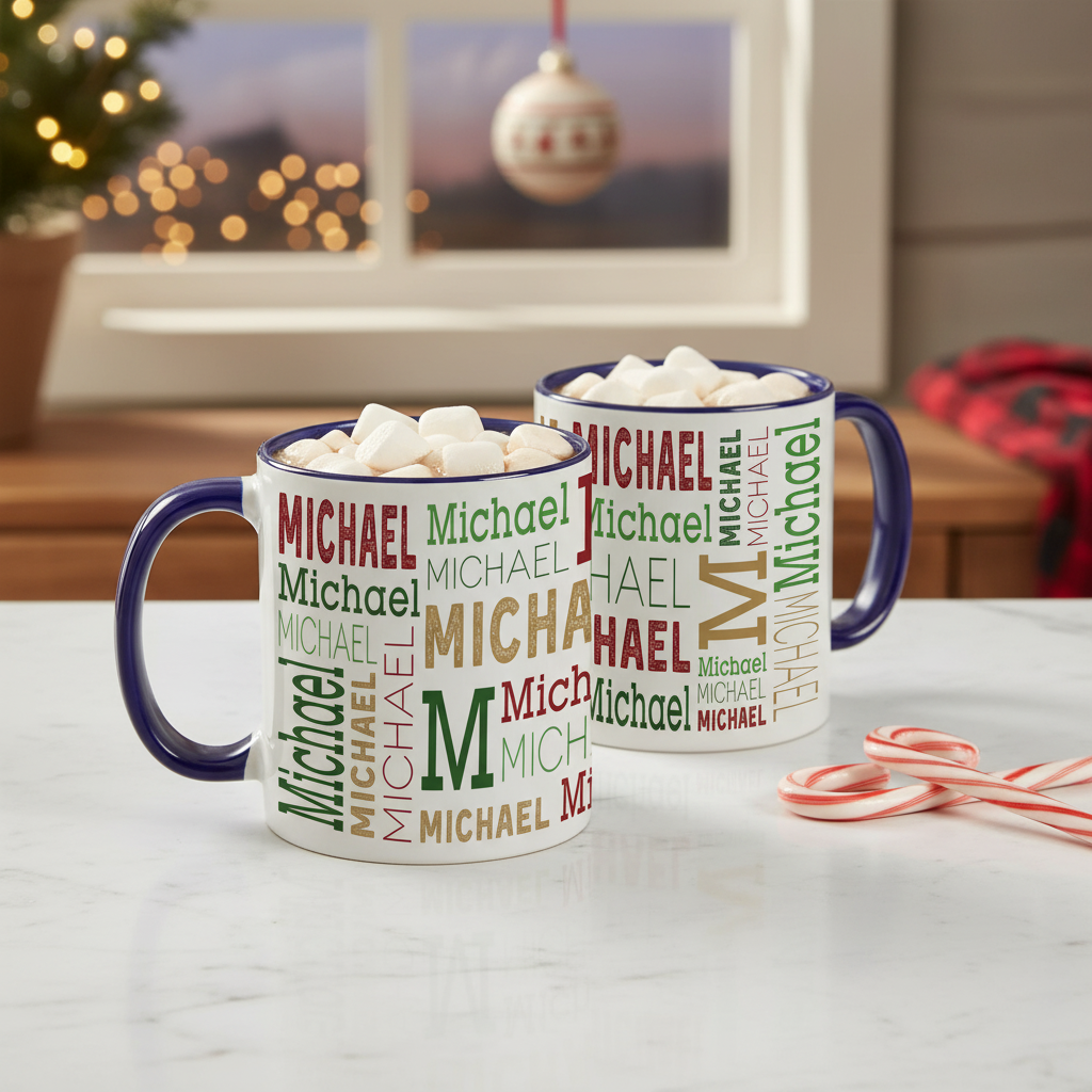 Christmas Personalized Coffee Mug With Repeating Name Design