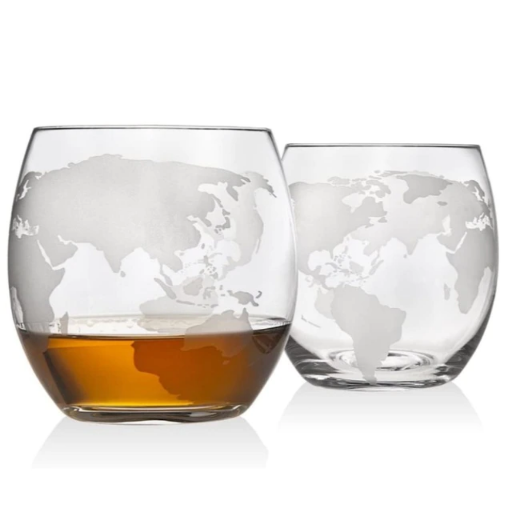 2 Etched Globe Whisky Glasses-Wine and Whiskey Decanter