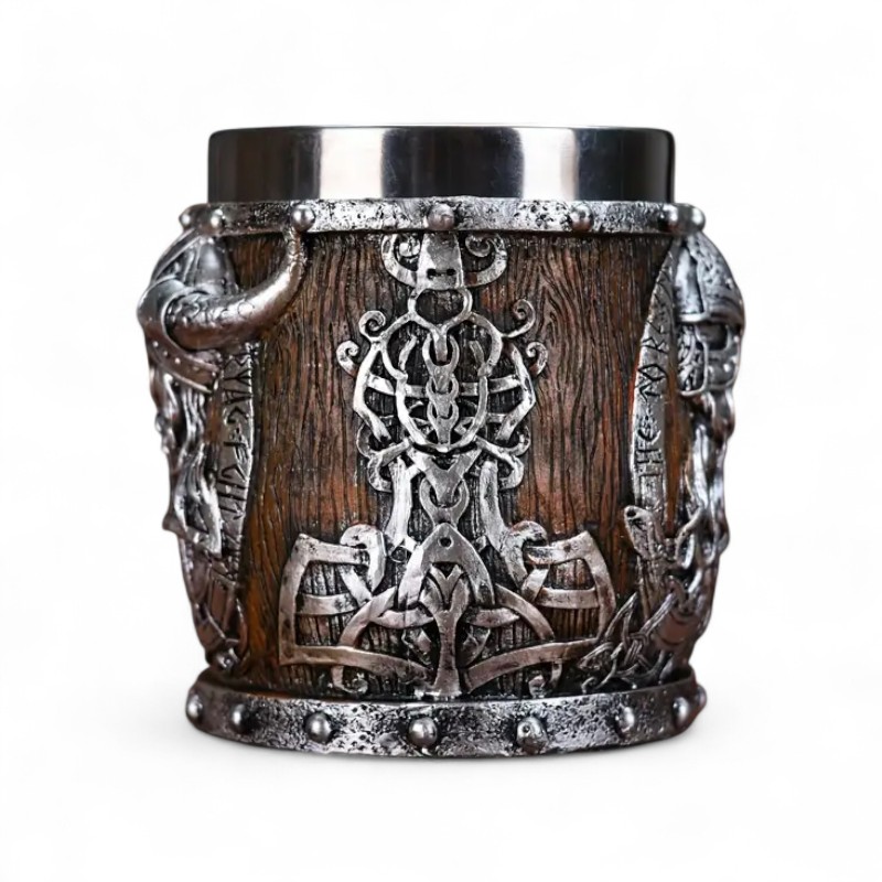 Stainless Steel Drink Mug With Norse Style Warrior And Dragon Design