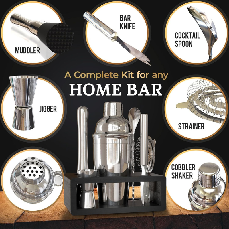 6 Piece Cocktail Shaker Set For Stainless Steel And Organized Stand-Wine and Whiskey Decanter