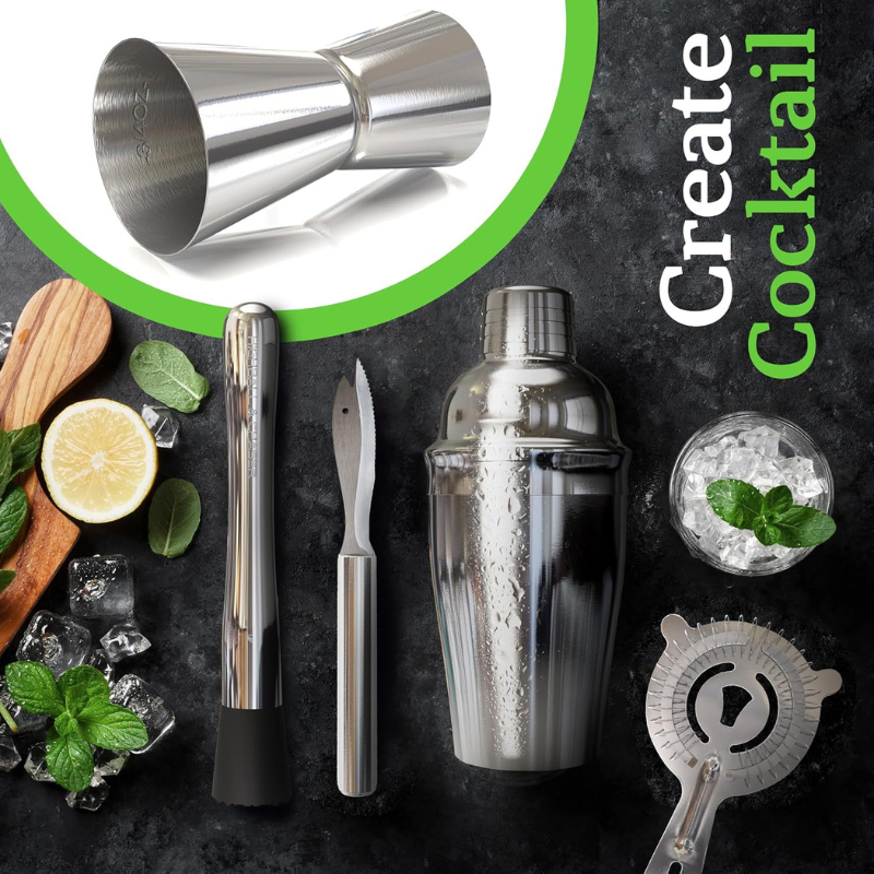 6 Piece Cocktail Shaker Set For Stainless Steel And Organized Stand-Wine and Whiskey Decanter