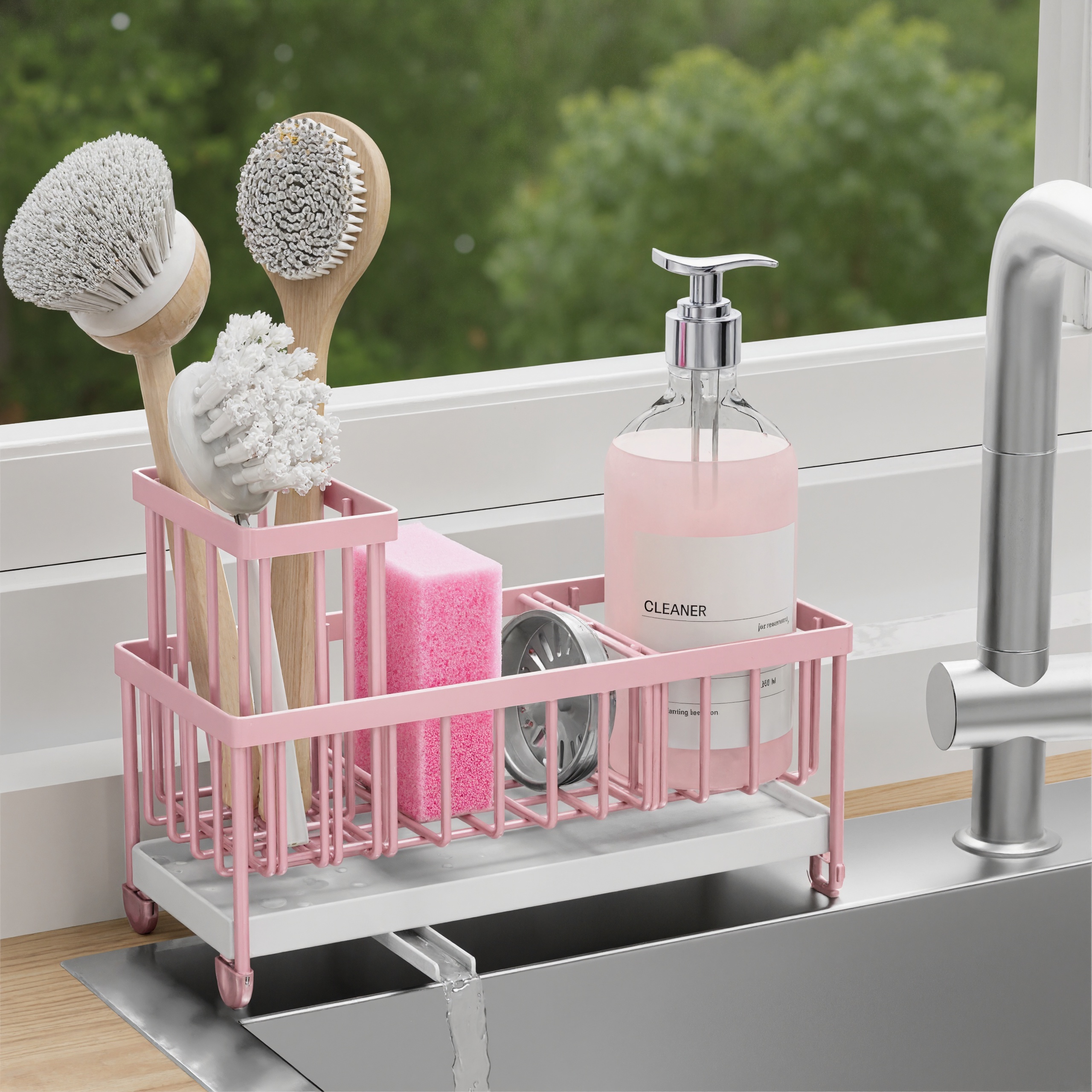 Sponge Holder Sink Caddy Organizer With High Brush Holder