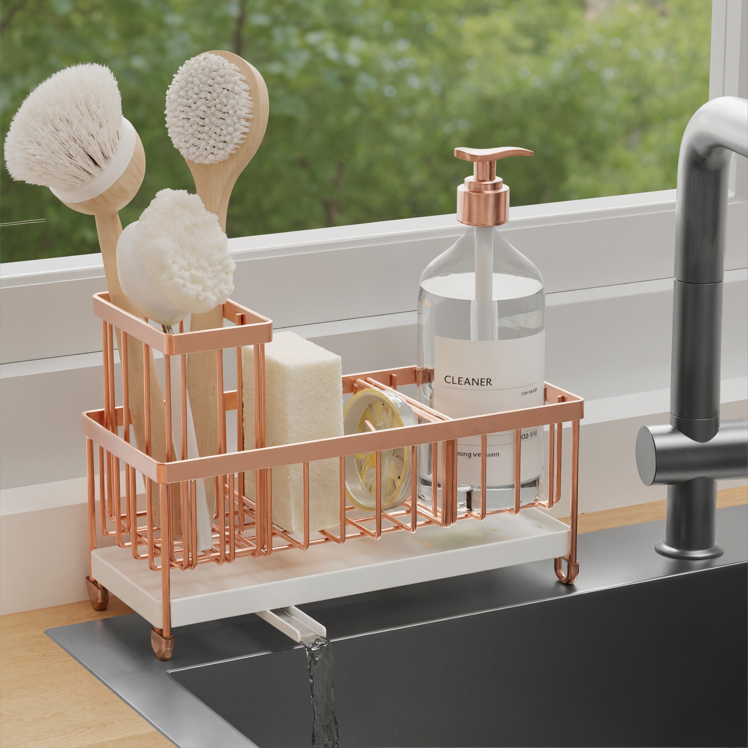 Sponge Holder Sink Caddy Organizer With High Brush Holder