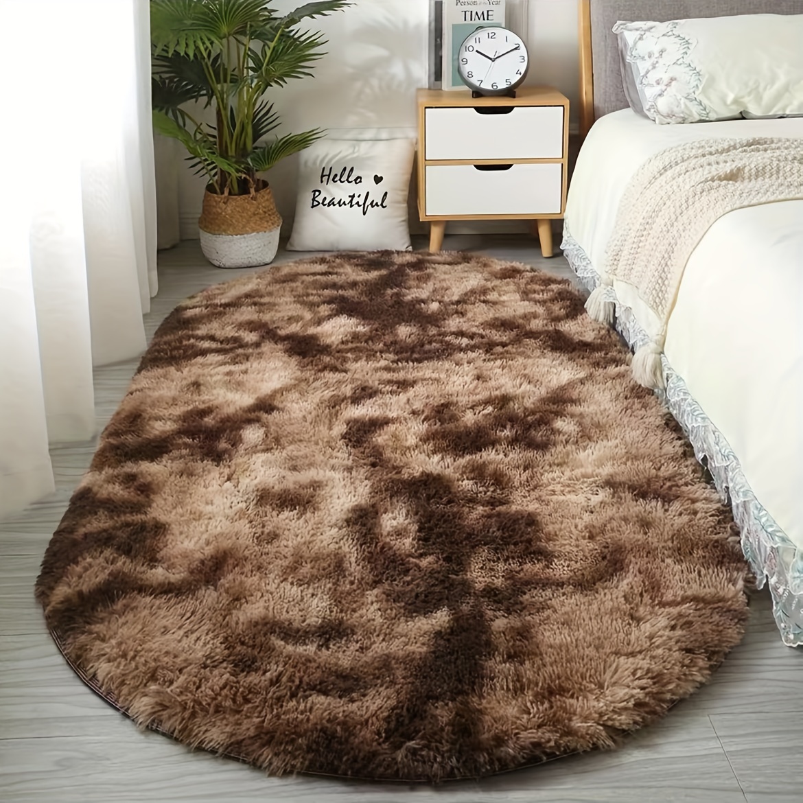 Fluffy Oval Area Rug Non Slip - Soft Plush Shaggy Bedroom Rug with Rubber Backing, Washable Bedside Mat