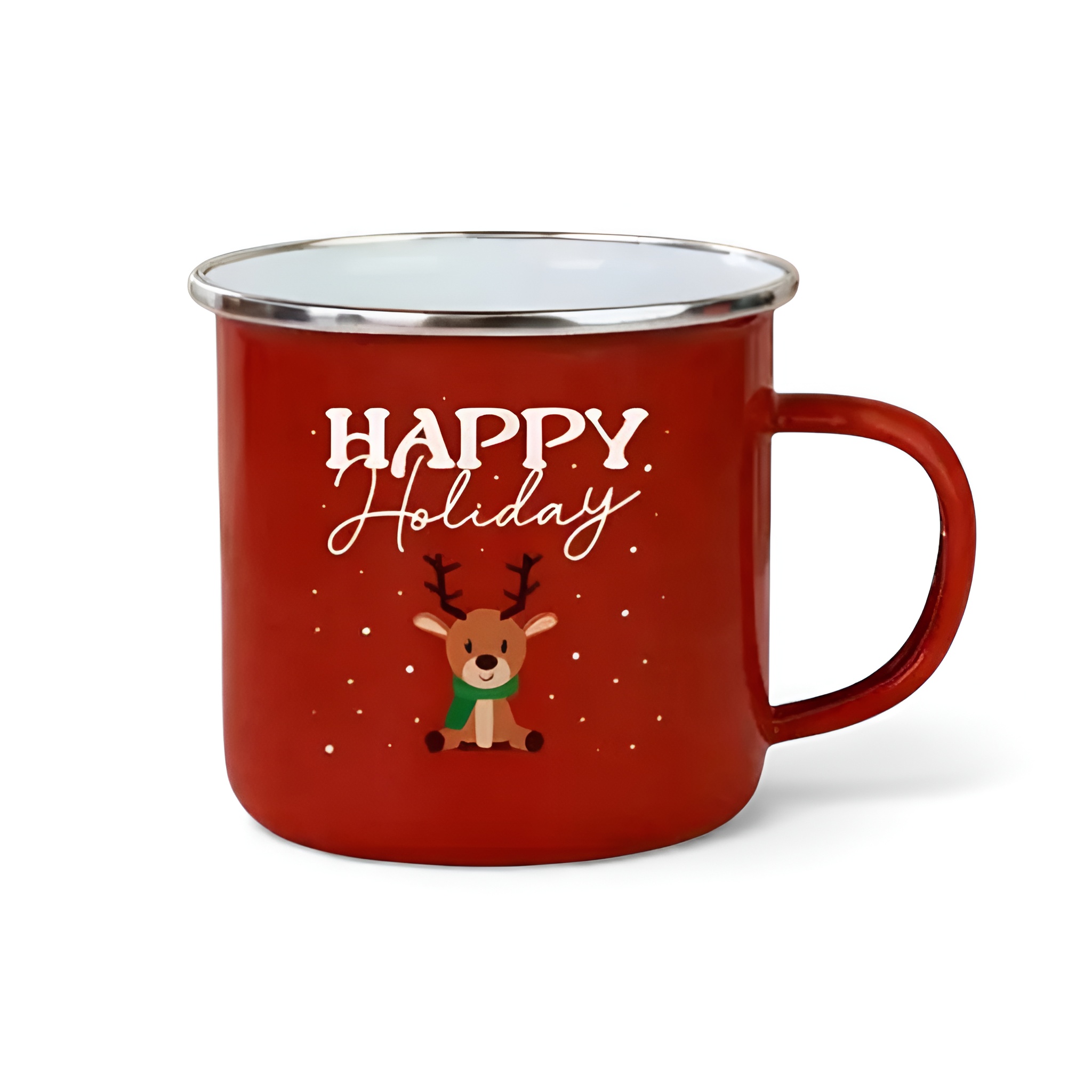 Pack Of 6 Merry Christmas Enamel Mug Collection With Reindeer And Snowman Graphics
