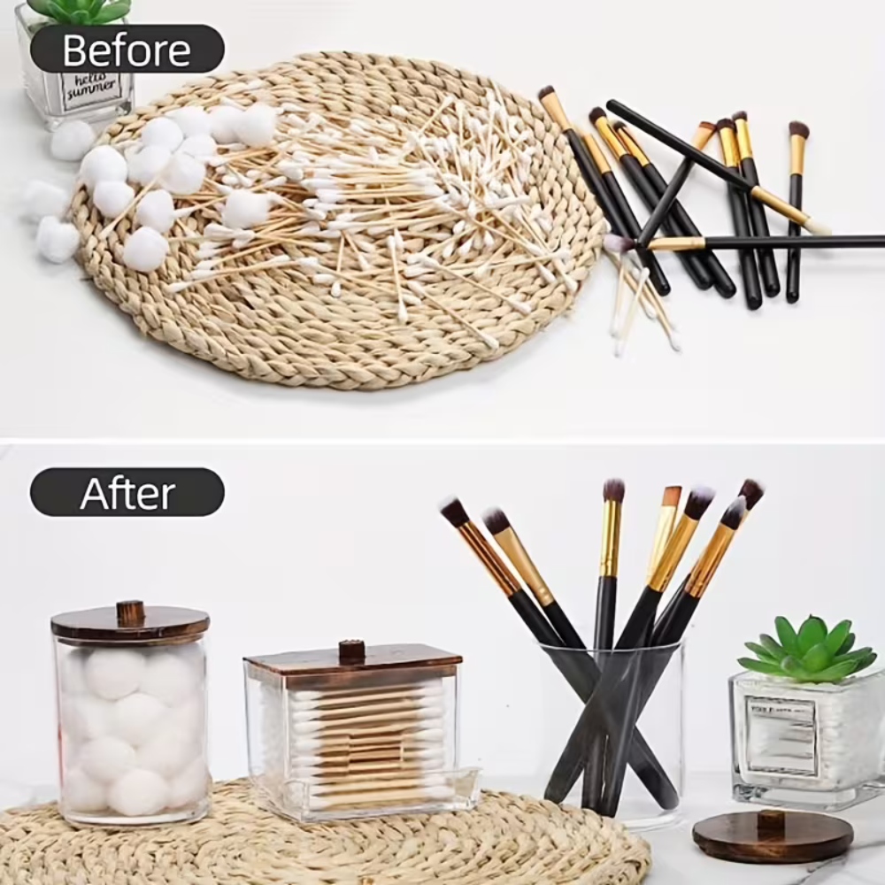 Cotton Swab Dispenser with Bamboo Lid - Bathroom Organizer Box for Q-Tips, Cotton Balls & Pads