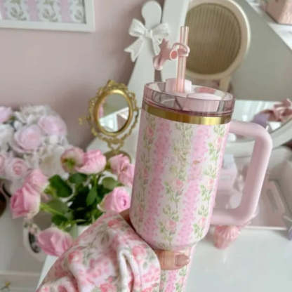 Floral Print Insulated Tumbler With Handle And Straw Lid-Wine and Whiskey Decanter