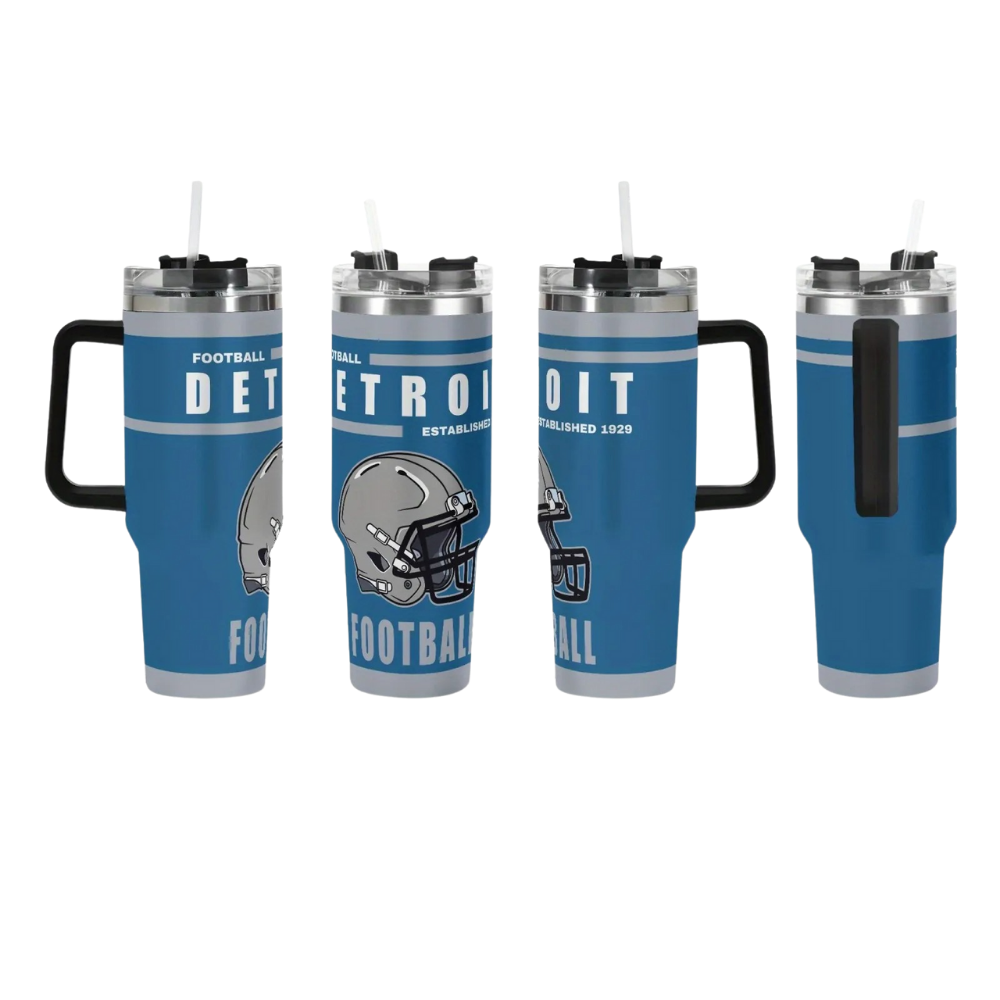 Detroit Lions Football Team Themed  40oz Stainless Steel Tumbler With Handle And Straw