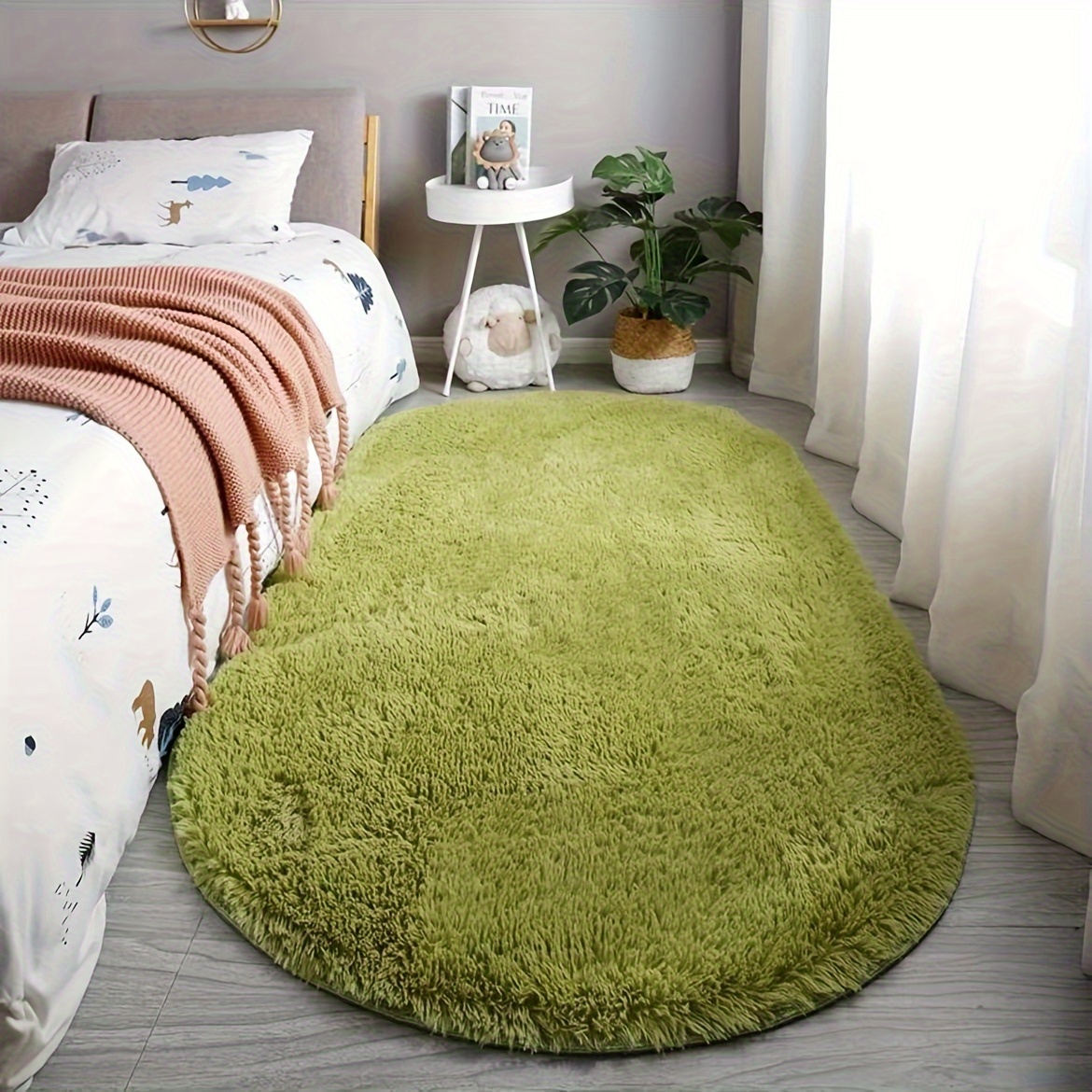 Fluffy Oval Area Rug Non Slip - Soft Plush Shaggy Bedroom Rug with Rubber Backing, Washable Bedside Mat