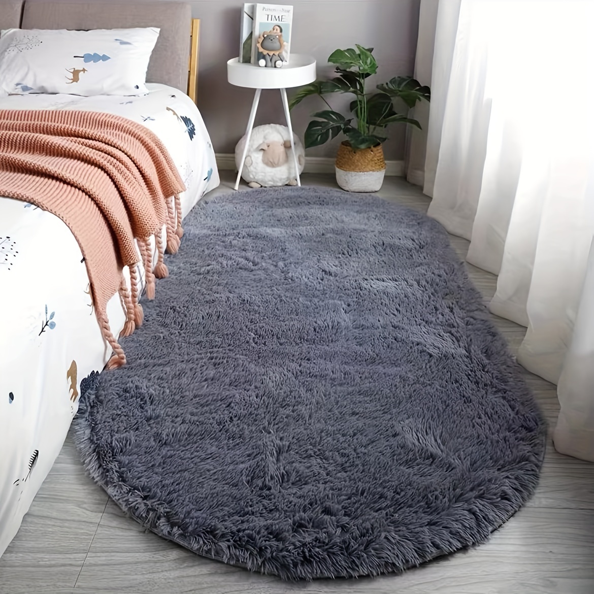 Fluffy Oval Area Rug Non Slip - Soft Plush Shaggy Bedroom Rug with Rubber Backing, Washable Bedside Mat