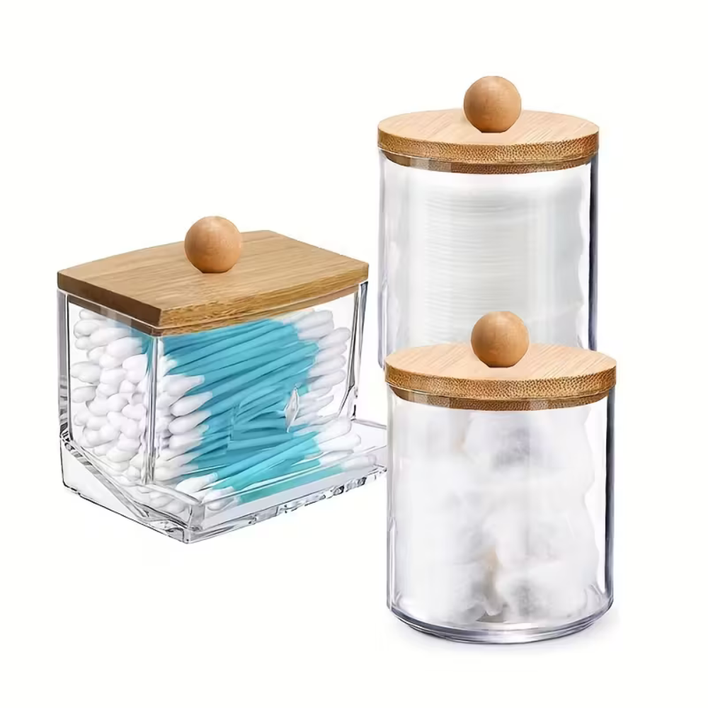 Cotton Swab Dispenser with Bamboo Lid - Bathroom Organizer Box for Q-Tips, Cotton Balls & Pads