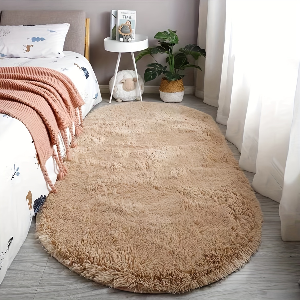 Fluffy Oval Area Rug Non Slip - Soft Plush Shaggy Bedroom Rug with Rubber Backing, Washable Bedside Mat