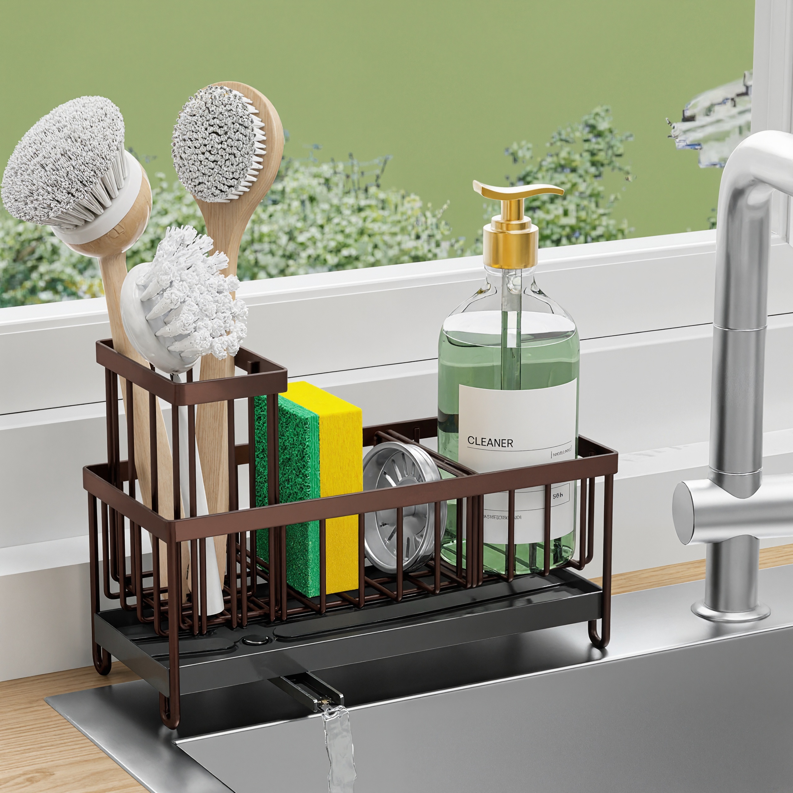 Sponge Holder Sink Caddy Organizer With High Brush Holder