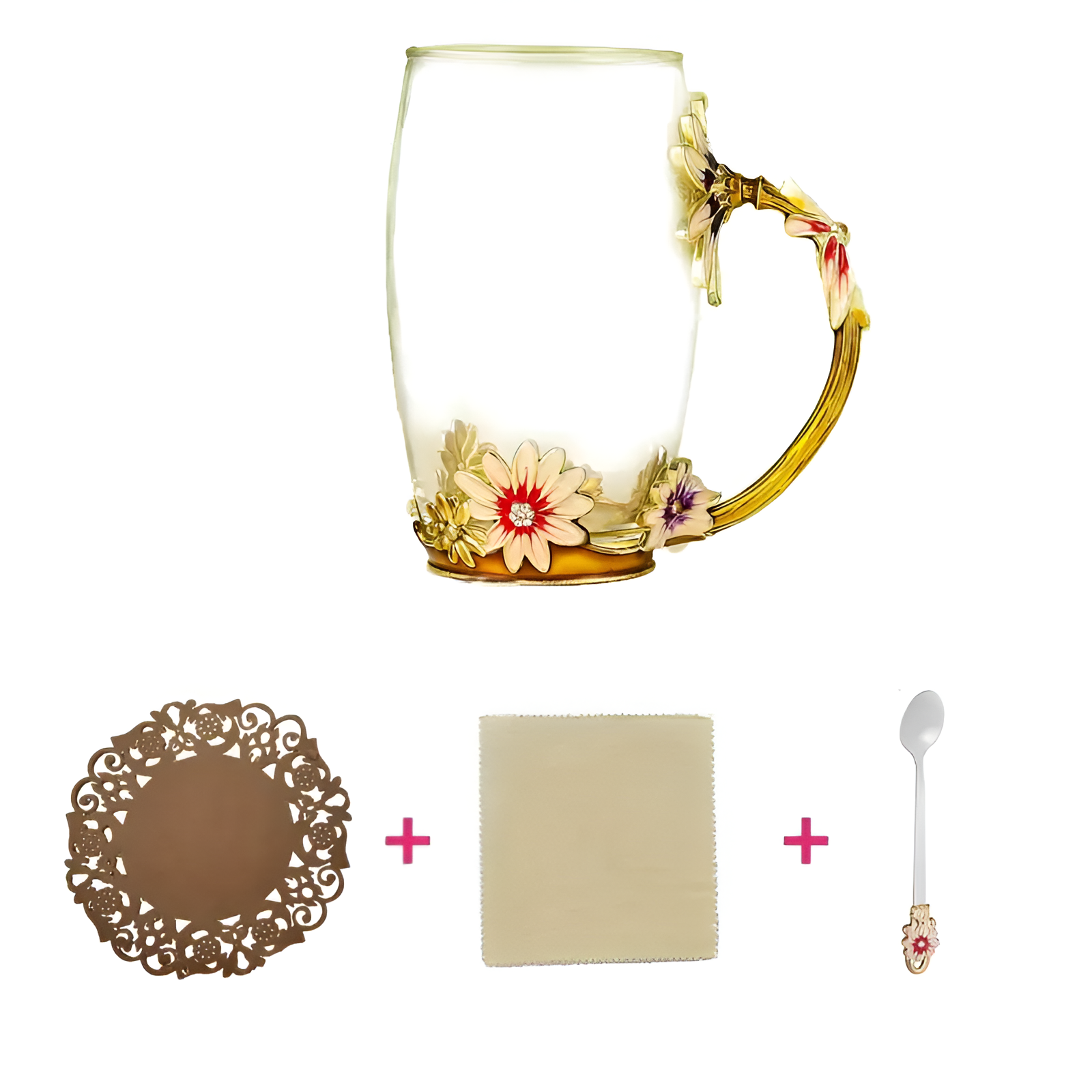 Crystal Glass Cup Set With Butterfly Accent And Rose Spoon For Drinks