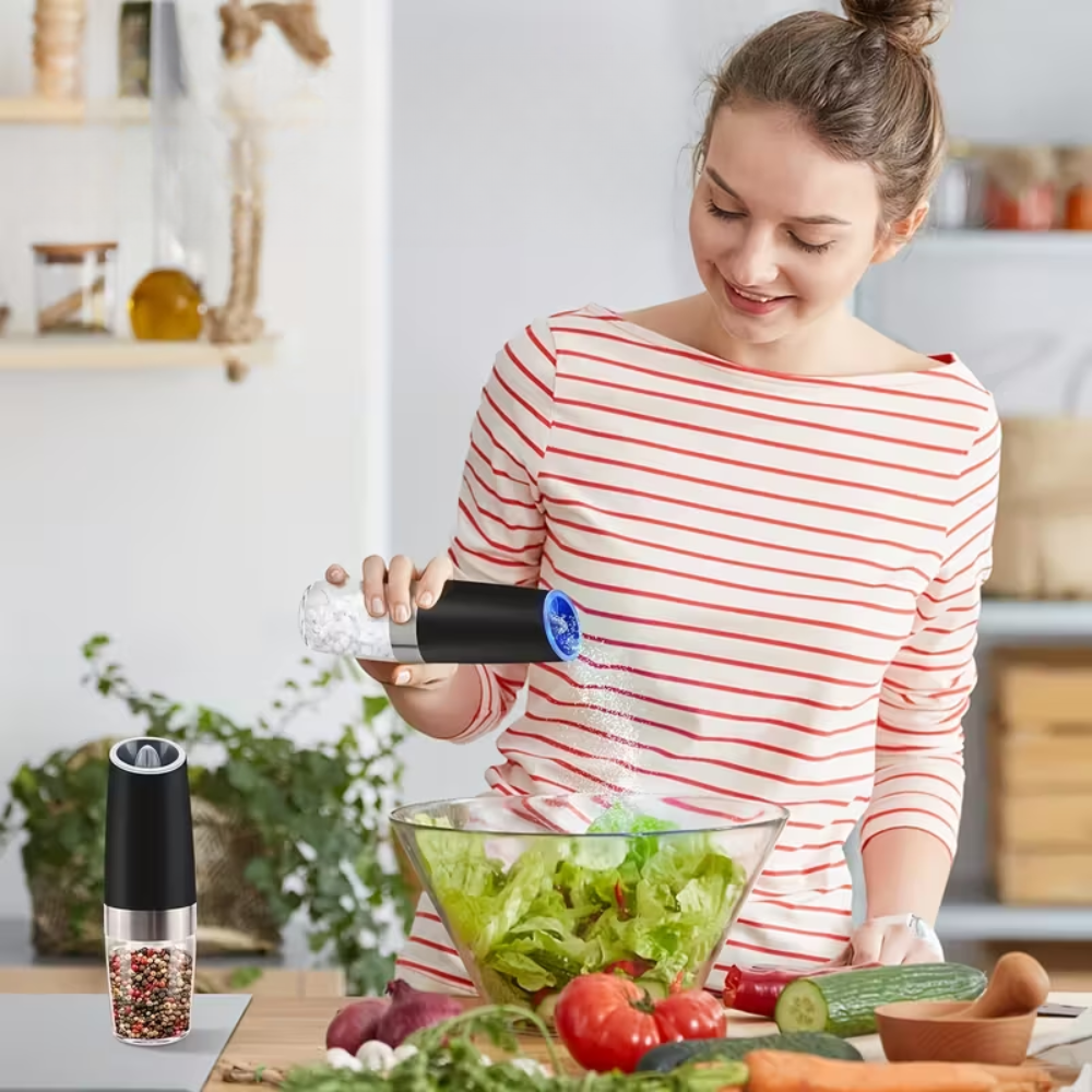 Gravity Electric Salt and Pepper Grinder Set - 2 Piece Automatic Spice Mill with Adjustable Coarseness