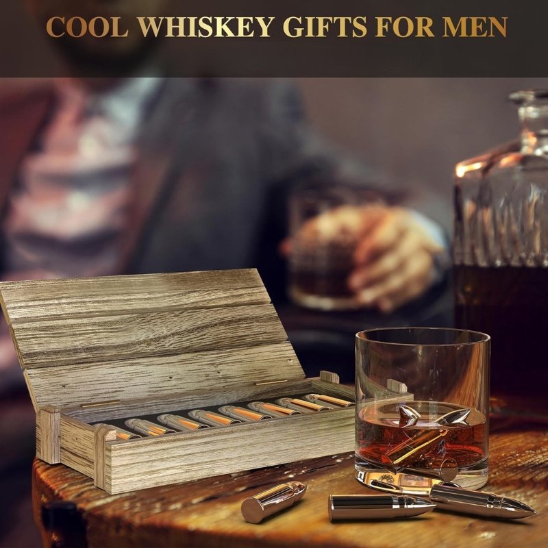 Bullet Shape Whiskey Ice Stones 8 Piece With Wooden Gift Box-Wine and Whiskey Decanter