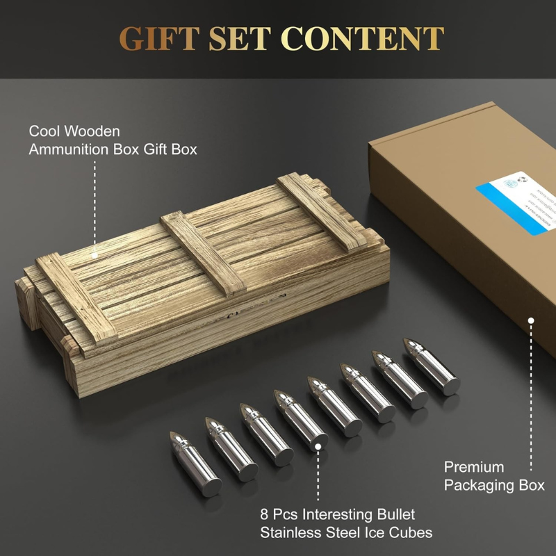 Bullet Shape Whiskey Ice Stones 8 Piece With Wooden Gift Box