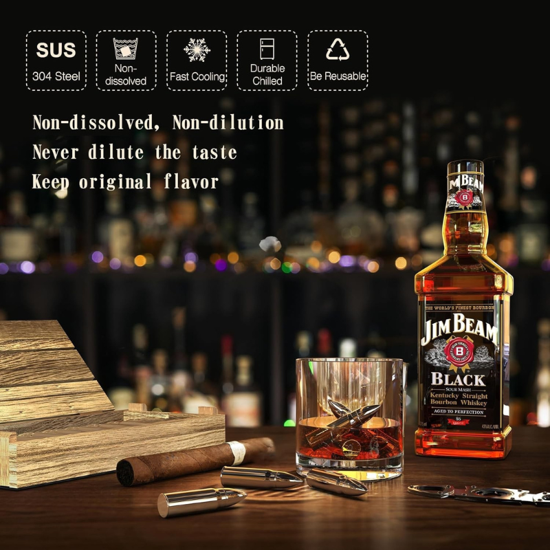 Bullet Shape Whiskey Ice Stones 8 Piece With Wooden Gift Box