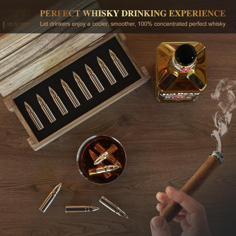 Bullet Shape Whiskey Ice Stones 8 Piece With Wooden Gift Box