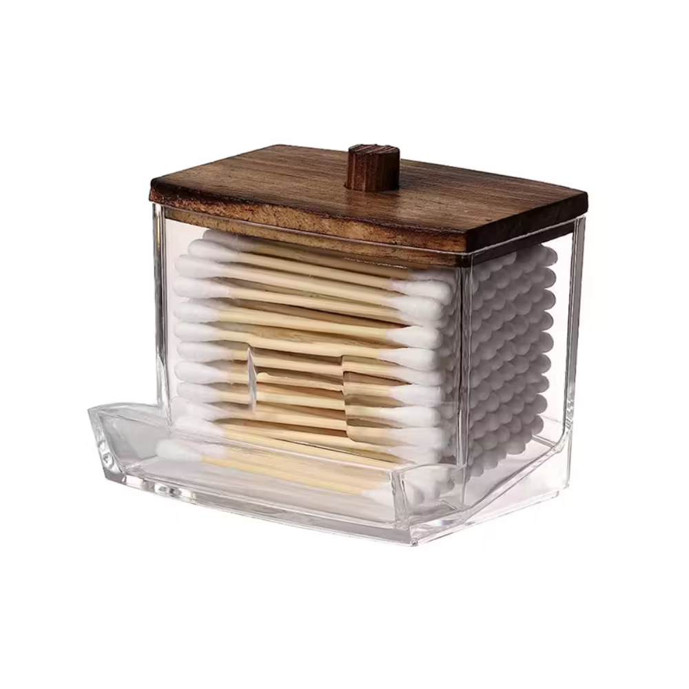 Cotton Swab Dispenser with Bamboo Lid - Bathroom Organizer Box for Q-Tips, Cotton Balls & Pads